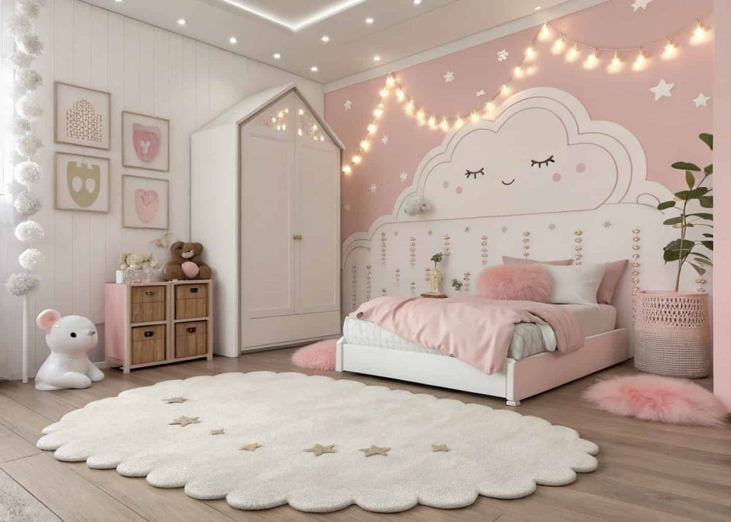 A whimsical girly bedroom with a soft white cloud-shaped rug, pastel pink decor, stuffed animals, and sparkling fairy lights.