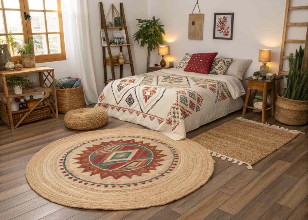 A cozy boho bedroom showcasing a layered rug look with a large jute base rug topped with a smaller patterned Turkish kilim rug on warm wooden floors.