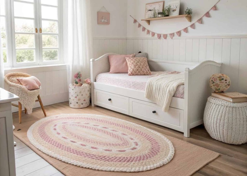 A small feminine bedroom with a blush pink and cream braided oval rug beside a white daybed, bright natural daylight, and a minimal sweet aesthetic.