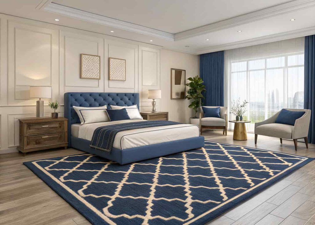 A modern bedroom with a large navy blue and cream Berber-style rug, contemporary clean-lined furniture, and a calm stylish aesthetic with bold blue accents.