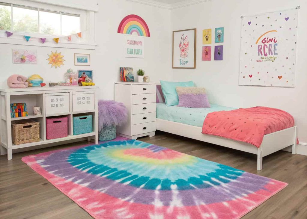 A fun teenage bedroom with a tie-dye pastel rainbow rug in pink, purple, and blue tones, paired with white furniture and playful colorful decor.