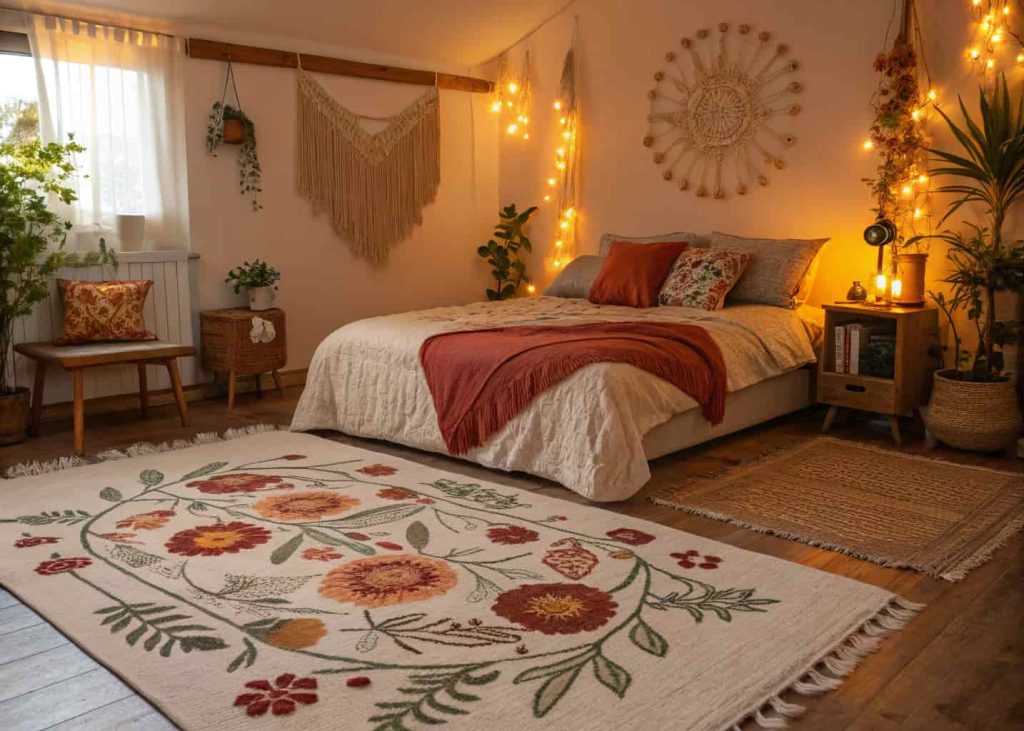 A warm bohemian bedroom with a handmade floral embroidered rug in rust and cream tones, macrame wall hanging, and amber lighting creating an artisan aesthetic.