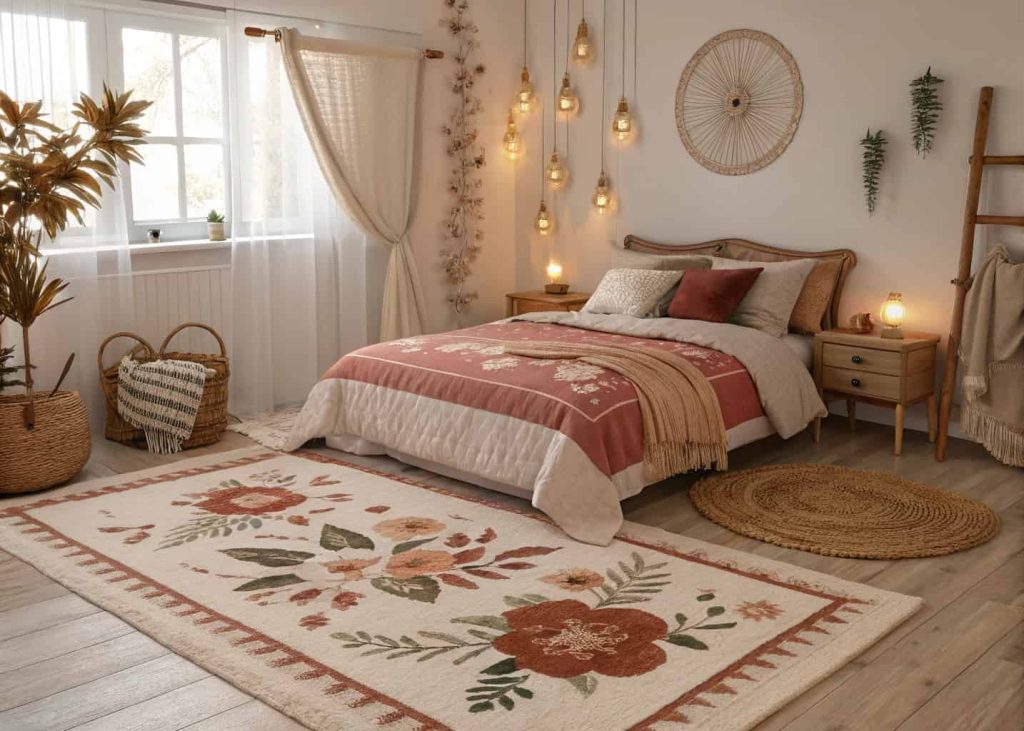 “boho bedroom with floral embroidered rug in rust, cream, dusty rose, cozy vintage style, soft lighting”