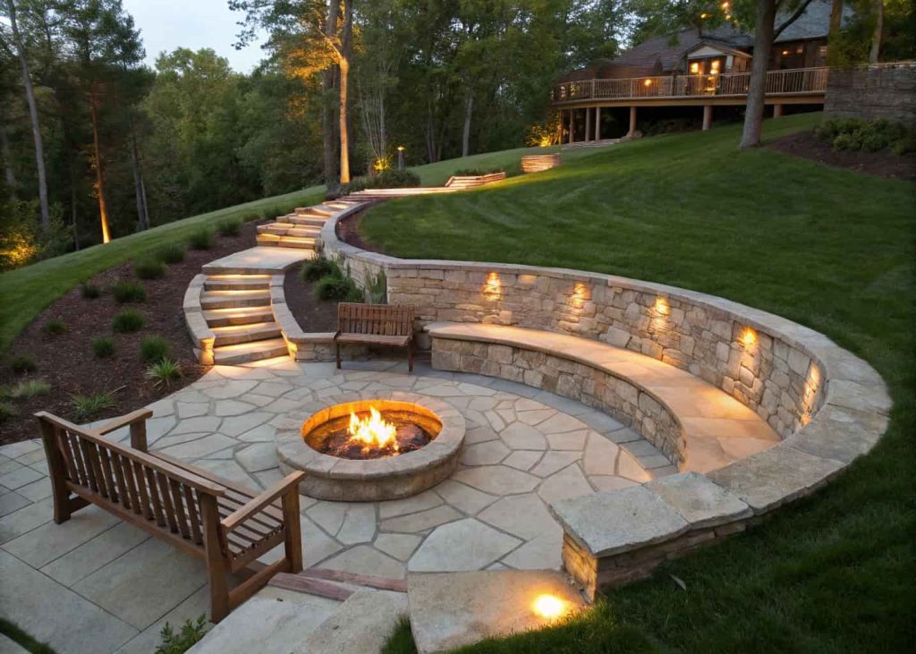 Sunken circular fire pit in a sloped backyard with stone steps and wooden bench seating at golden hour.