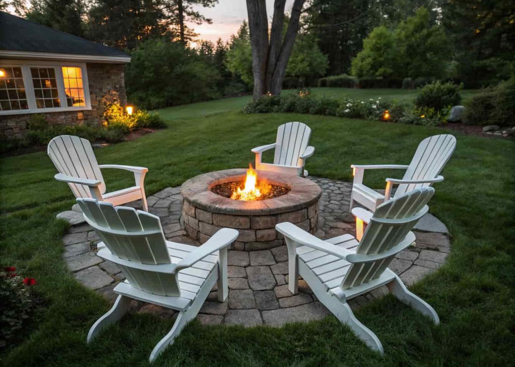 Four white Adirondack chairs are arranged around a stone fire pit in a backyard garden at dusk with a warm fire glow.