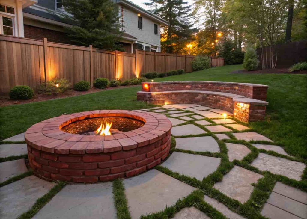 A sunken DIY firepit surrounded by flat stone pavers in a small backyard during evening hours.