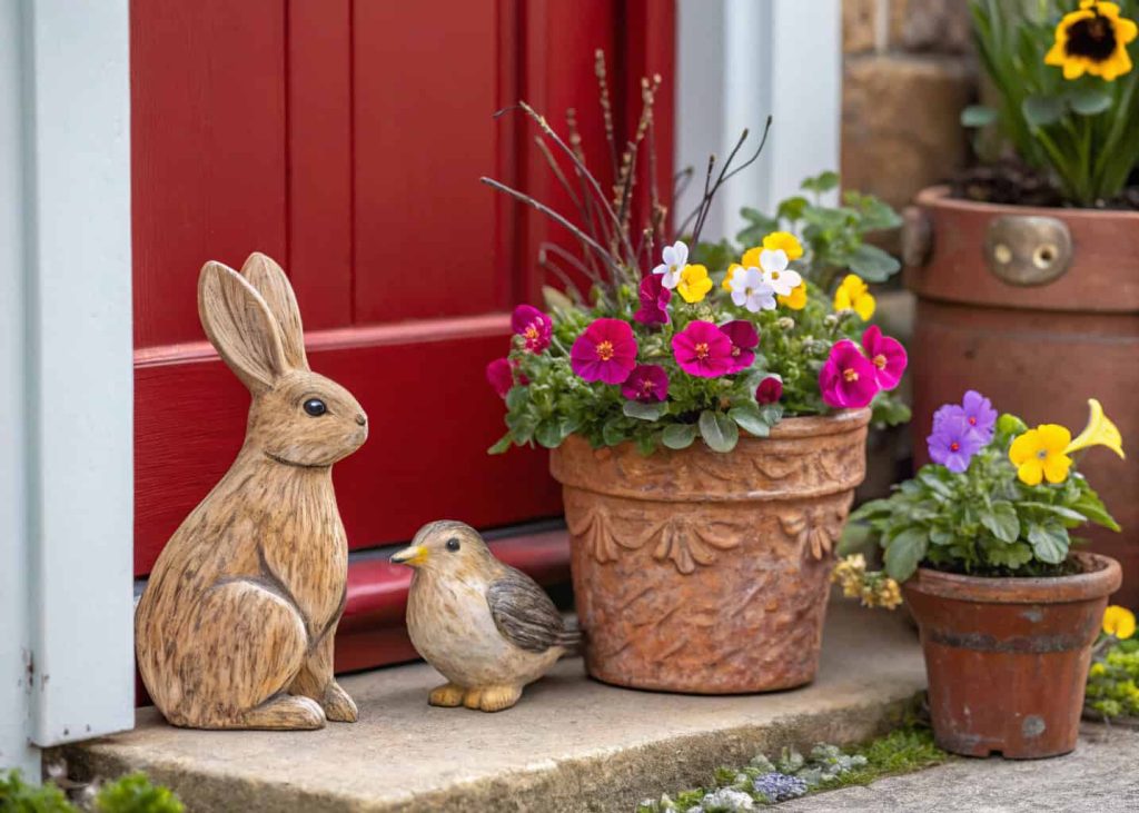 Small wooden bunny and bird figurines among colorful potted flowers by a red front door.