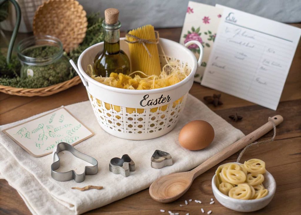 A rustic kitchen Easter basket inside a white colander with pasta, olive oil bottle, Easter cookie cutters, a wooden spoon, and a handwritten recipe card, warm kitchen background, cozy flat lay photography.
