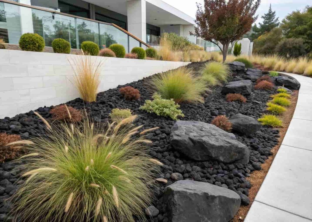Close-up of a garden bed covered with dark lava rock mulch around the base of ornamental grasses and small shrubs, contrasting textures, clean and modern landscaping style, natural daylight.