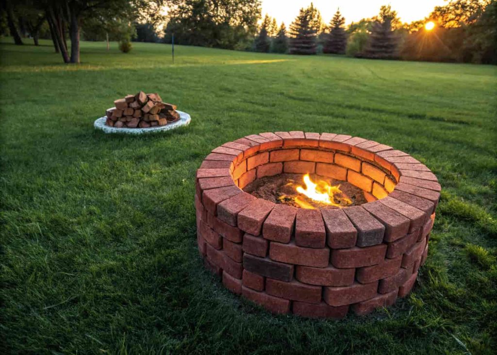 A dry-stacked circular red brick firepit with a glowing fire in a green backyard lawn on a sunny afternoon