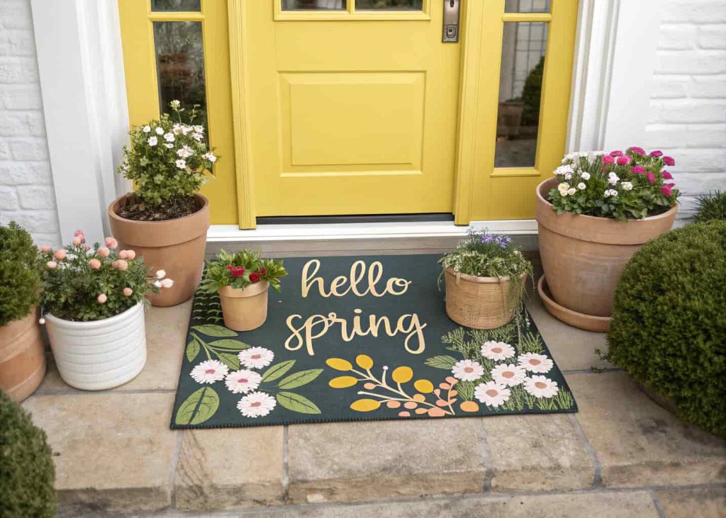 A floral “Hello Spring” doormat in front of a yellow door, surrounded by small flower pots.