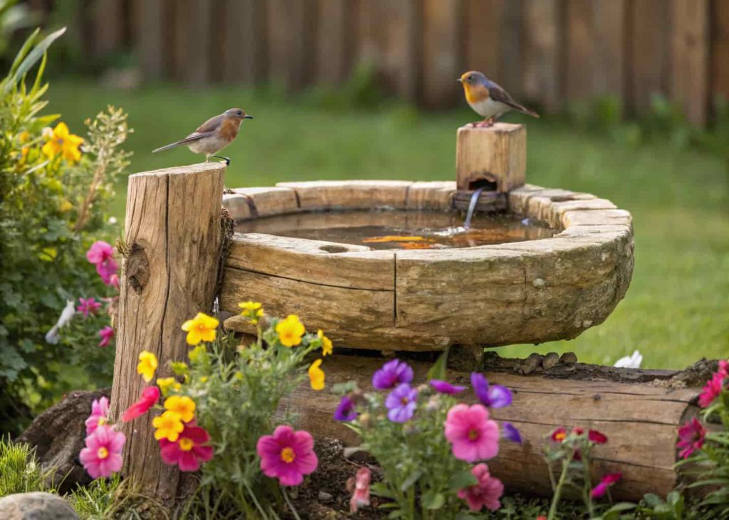 Rustic wooden log bird bath in backyard surrounded by flowers and small birds”