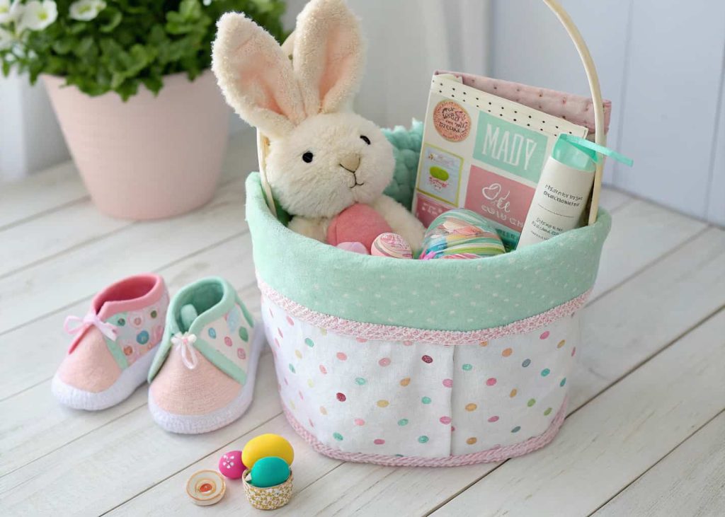 A soft fabric Easter basket for a baby filled with a plush bunny, colorful rattle, teether, Easter-print baby socks, and a small board book, pastel pink and mint tones, gentle natural light, heartwarming aesthetic.