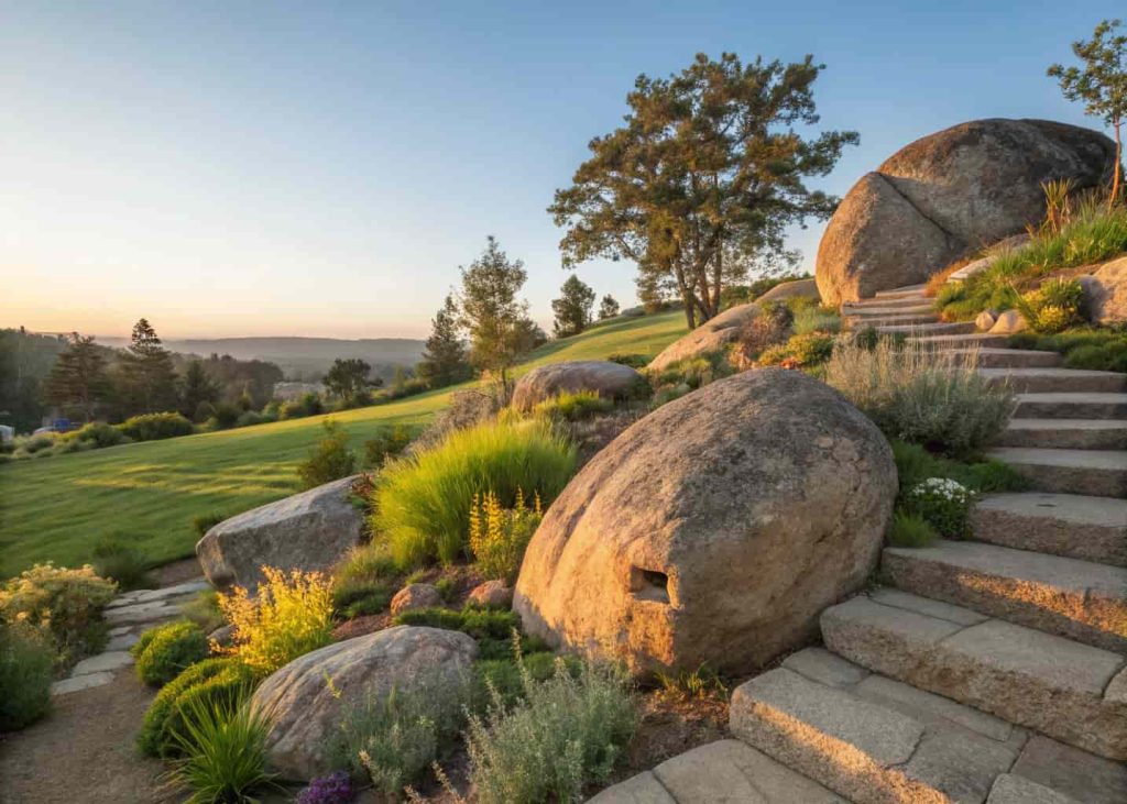 Large granite boulders partially buried in a sloped garden landscape with native plants and grasses growing around their base, natural outdoor setting, golden hour lighting, wide-angle landscape photography.