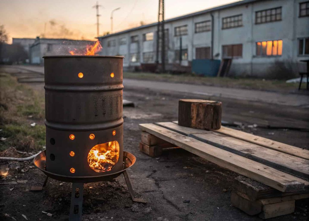 A repurposed metal barrel firepit on legs with fire glowing inside and ventilation holes lit up, placed in an industrial-style backyard at dusk