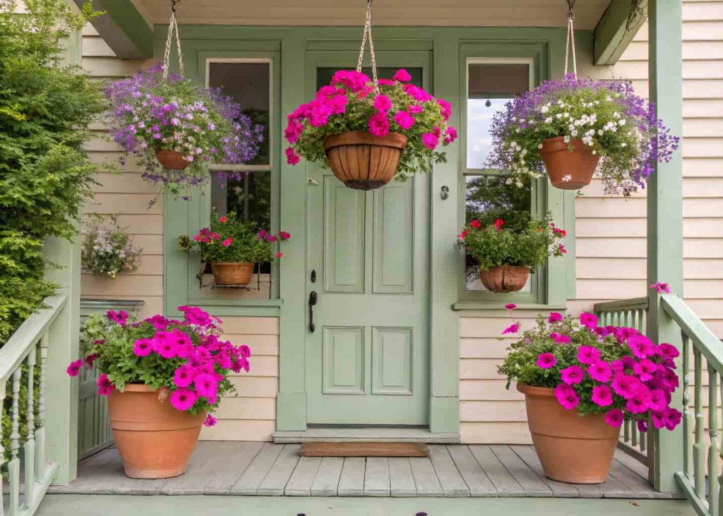 Hanging terracotta pots with pink and purple flowers on a light green front door porch.