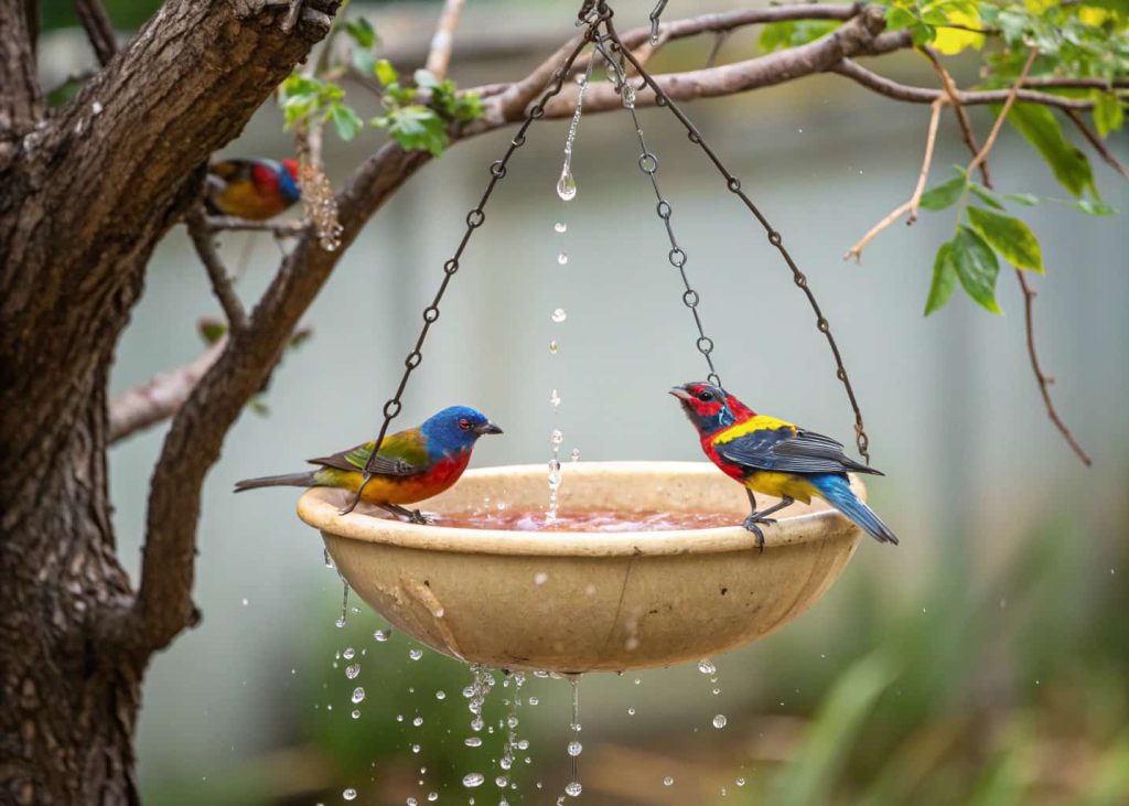 Hanging bird bath from tree branch with colorful birds splashing water”