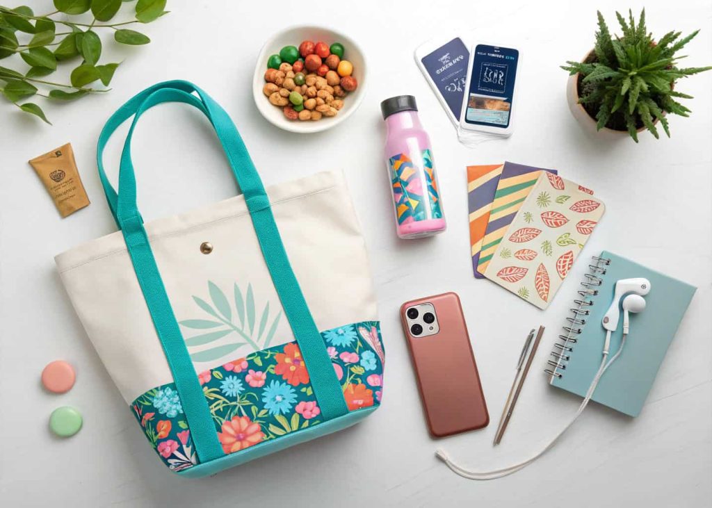 A trendy Easter gift basket for a teenager with a reusable tote, gift cards, snacks, a colorful water bottle, phone stand, and a cool journal, laid out on a modern white table, aesthetic flat lay photography, Gen Z vibe.
