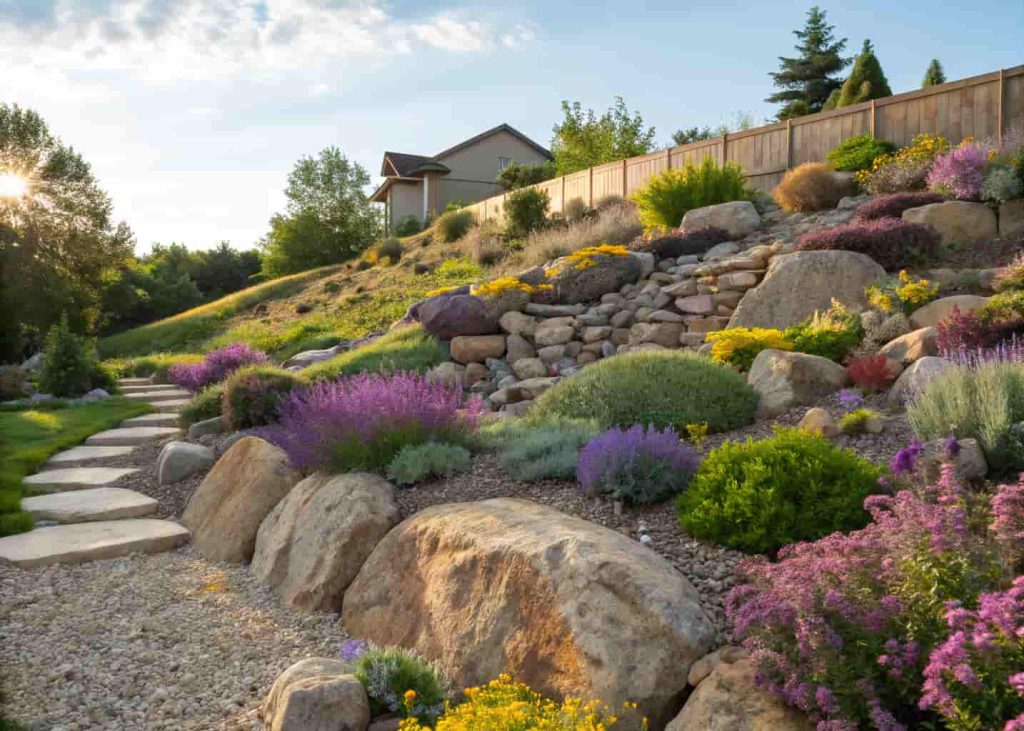 Full slope rock garden covering an entire hillside in a suburban backyard, with boulders, medium rocks, gravel, lavender, and native wildflowers across multiple levels, sunny day, vibrant landscape photo.