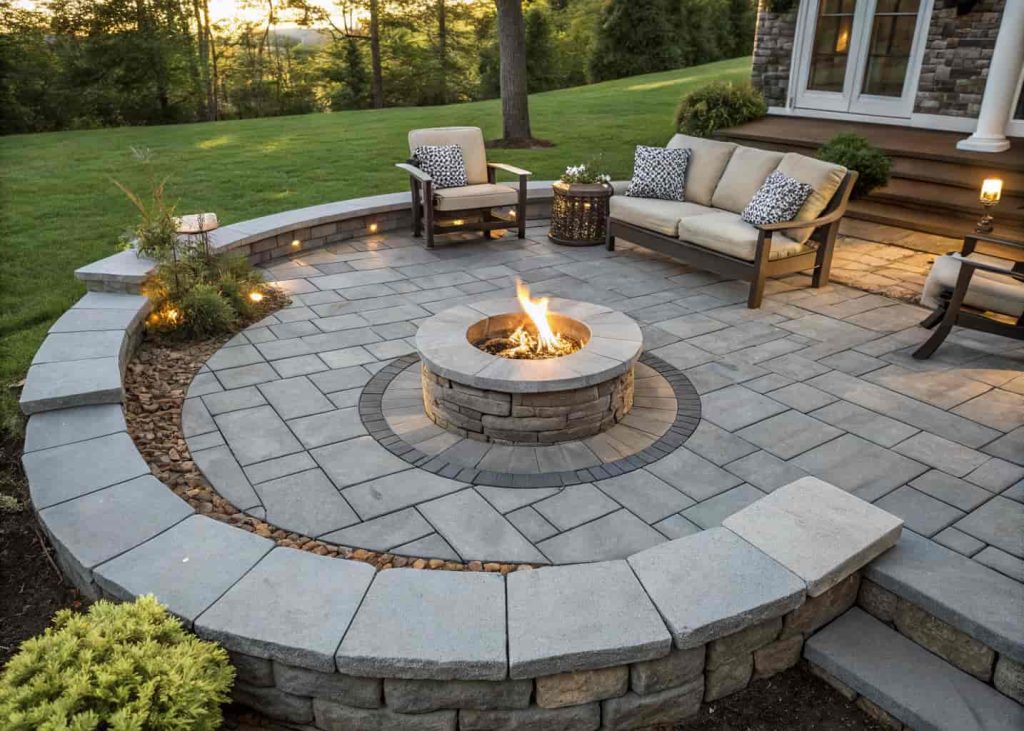 A neat circular paver stone firepit with gray slate tiles forming the ring and base, fire burning inside, set in a well-manicured backyard