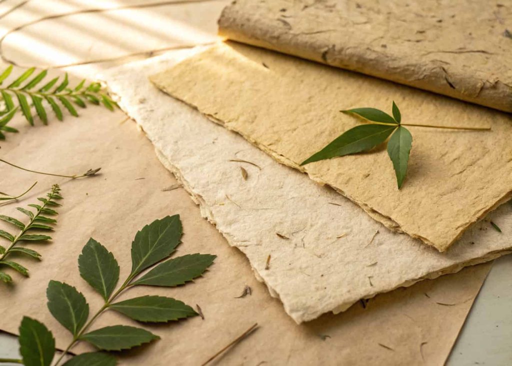 Handmade recycled paper texture with visible fibers and earthy tones for eco-conscious design backgrounds