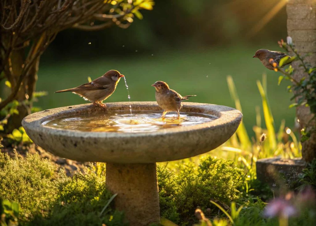 Concrete plate bird bath in garden with sunlight and small birds drinking water”