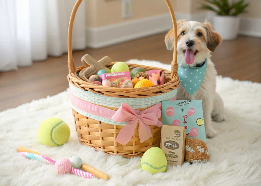 A cute Easter basket for a dog filled with dog treats, colorful chew toys, a tennis ball, and a bandana, decorated with pastel Easter ribbon on a white fluffy rug, warm cheerful photography, pet lifestyle aesthetic.