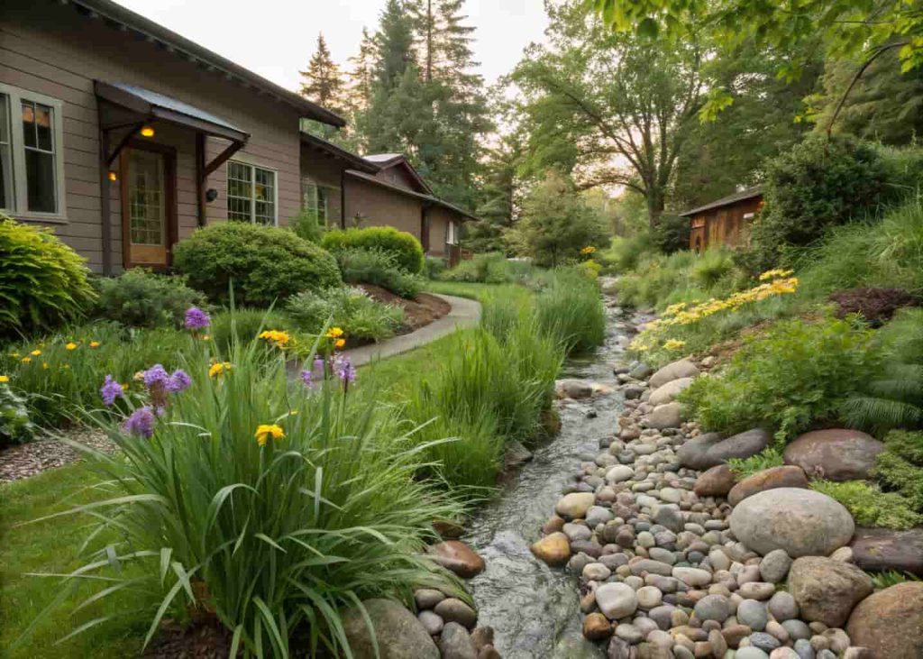 A residential rain garden in a yard depression lined with smooth river rocks and planted with native sedges, irises, and water-tolerant flowers, showing water collected after rain, lush green, natural photography.