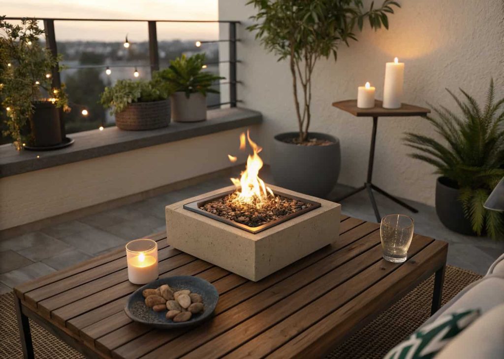 A small propane tabletop firepit with a live flame on a wooden table, surrounded by candles and plants on a cozy apartment balcony at evening
