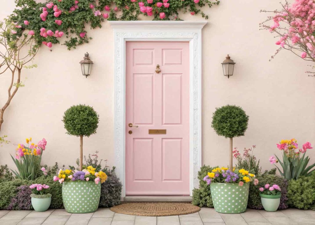 Two small topiaries in decorative pots beside a pastel pink door with spring flowers around.