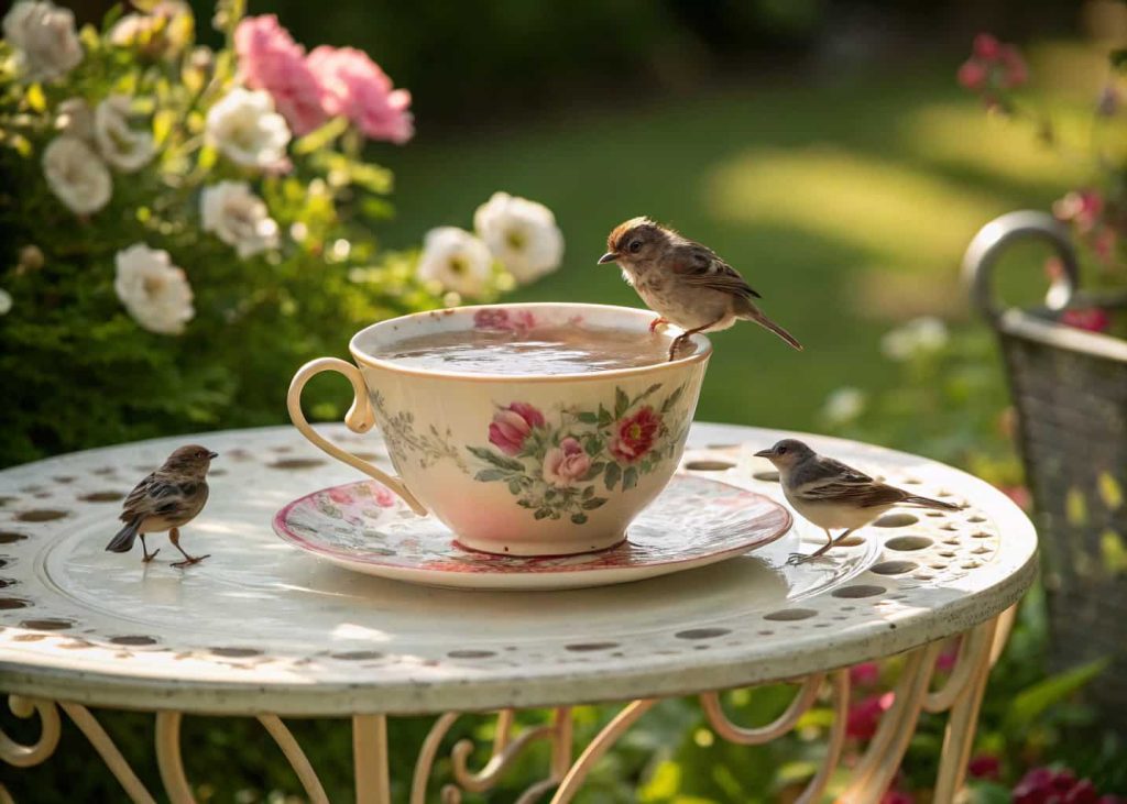 Whimsical teacup bird bath on garden table with tiny birds drinking water”