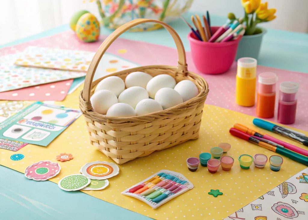 A DIY Easter egg decorating basket with plain white eggs, egg dye kits, stickers, paint markers, glitter glue, and brushes on a colorful craft table, bright overhead lighting, fun family activity aesthetic.