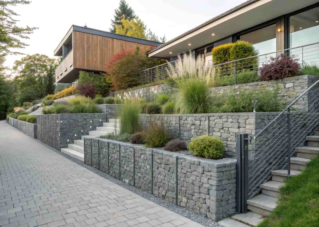 Modern residential landscape featuring stacked gabion basket retaining walls filled with gray stone, with ornamental grasses and plants growing on top and in front, clean and contemporary garden design photo.