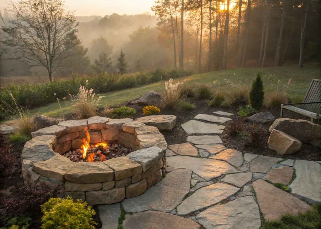 A natural fieldstone firepit built from irregularly stacked rocks with a crackling fire inside, surrounded by native plants and a woodland garden backdrop