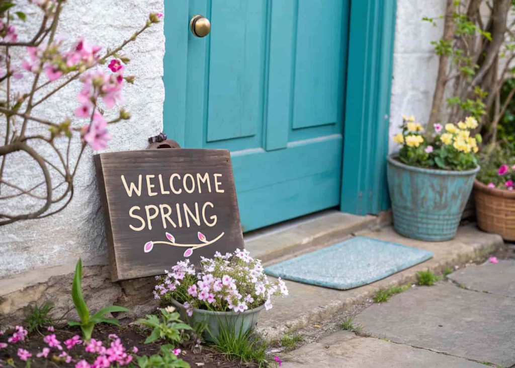 A small wooden sign reading “Welcome Spring” next to a turquoise door with flowers around.