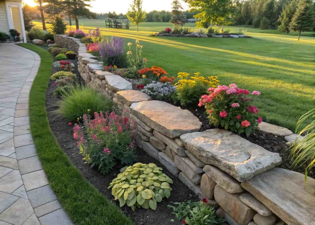 Neatly defined garden bed border made from stacked flat fieldstone rocks, colorful flowering plants inside the bed, green lawn outside, clean suburban garden, bright sunny afternoon, eye-level photo.