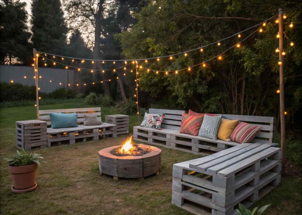 A cozy backyard firepit lounge with DIY pallet wood benches painted gray, colorful cushions, and string lights overhead at evening