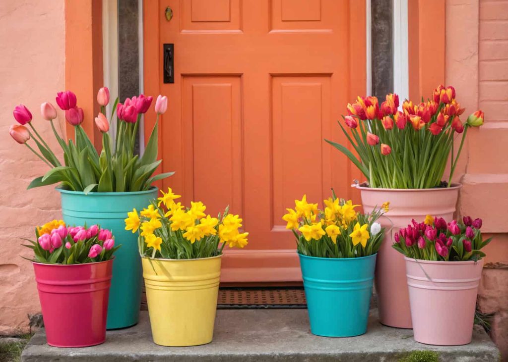 Brightly colored pots with tulips and daffodils in front of a coral door.