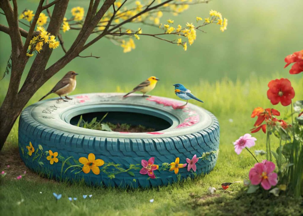 Painted tire bird bath on garden grass with colorful flowers and birds around”