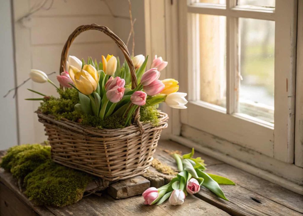  A rustic wicker Easter basket filled with pastel pink yellow and white tulips, green moss base, soft natural window light, wooden farmhouse table, cozy spring photography