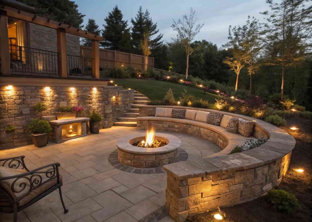 A sunken backyard firepit lounge with stone retaining walls, built-in seating around a central fire ring, and ambient lighting at evening