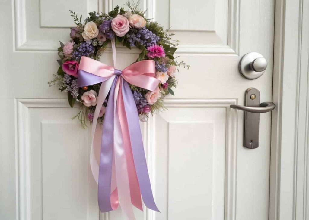 Pastel ribbons tied around a white door handle with a floral wreath hanging above.