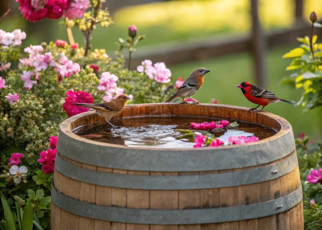 “Wine barrel bird bath in backyard garden surrounded by flowering plants and birds”