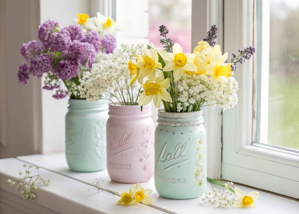 Three pastel painted mason jars filled with daffodils baby's breath and lilac flowers, grouped on a white kitchen windowsill, bright natural spring light, soft bokeh background, flat lay photography