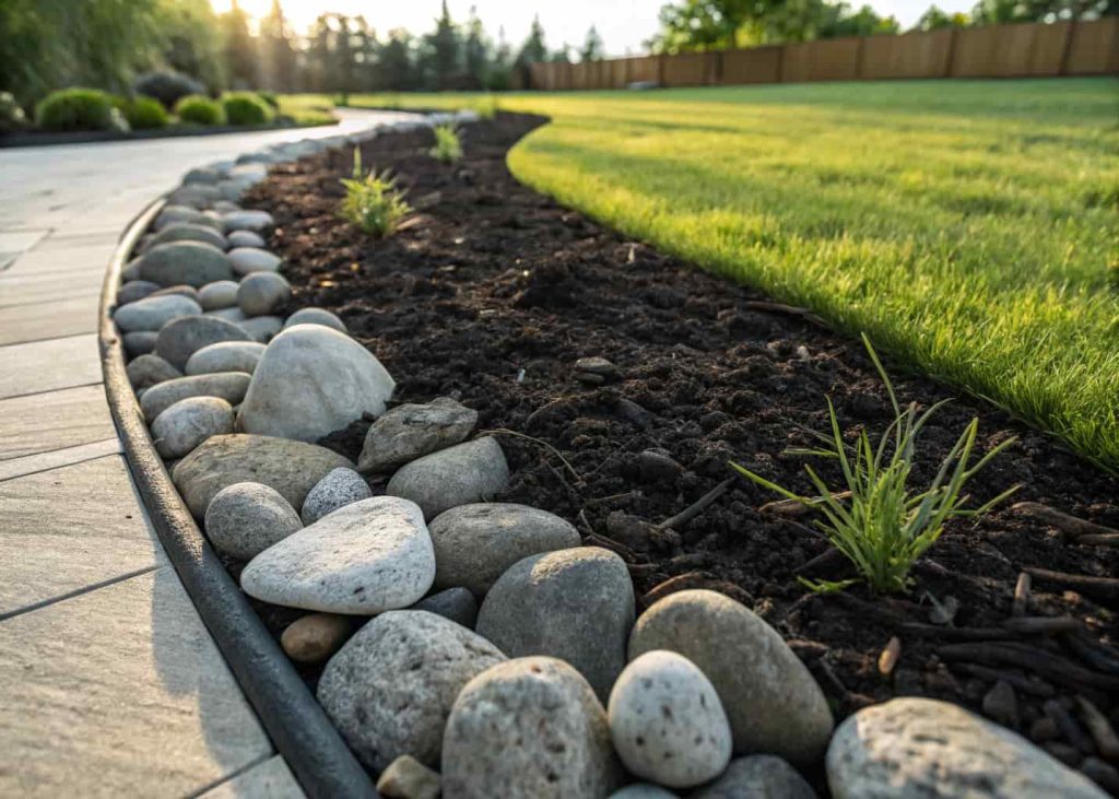 Close-up of a clean garden bed edge lined with smooth gray river rocks, fresh dark mulch inside the bed, green grass on the other side, bright afternoon light, top-down angle, detailed photography