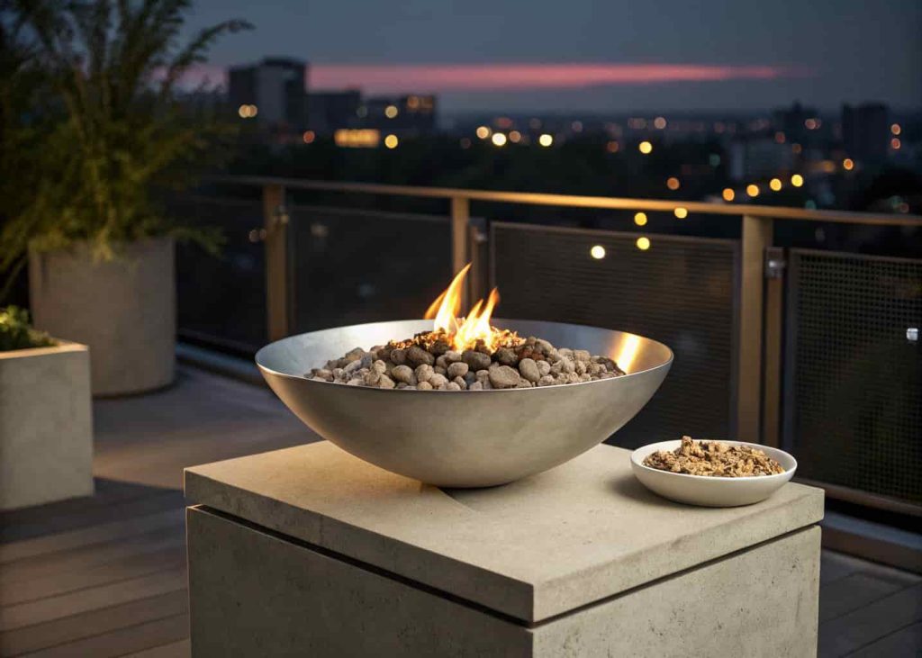 A modern steel bowl firepit on a concrete pedestal with sand base and burning fire, styled in a clean minimal urban patio setting at evening