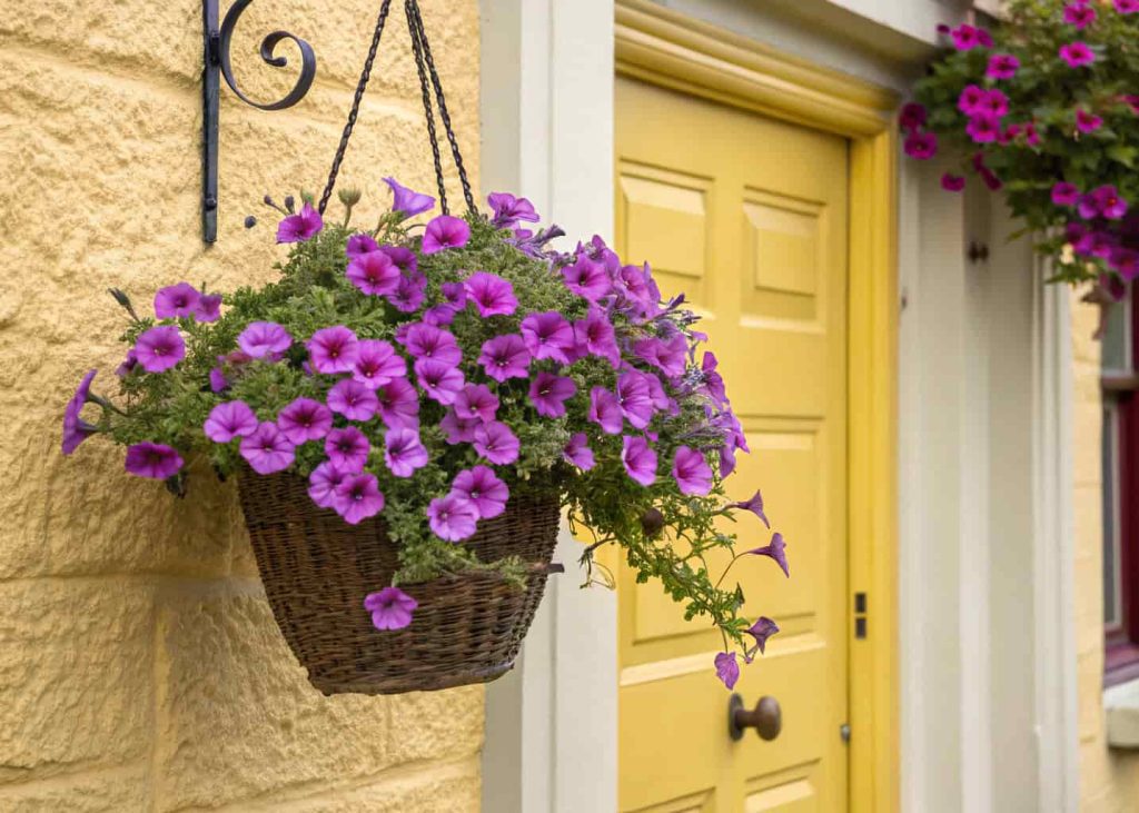 A hanging basket of purple petunias next to a soft yellow front door.