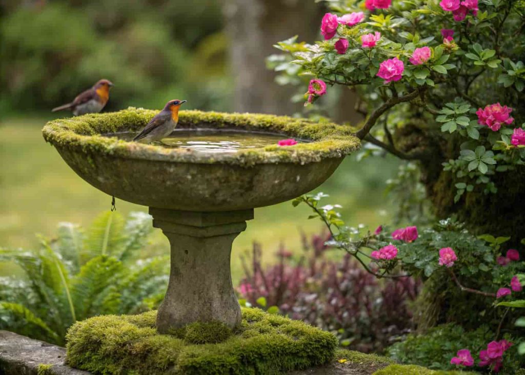 Stone bird bath with moss and flowers in natural garden setting with birds perched”