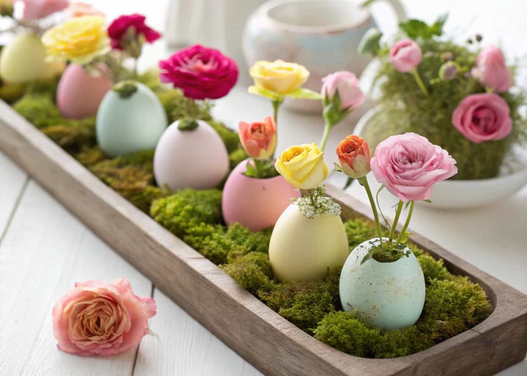 Colorful Easter eggs used as tiny flower vases filled with mini roses and ranunculus, arranged on a wooden tray with green moss, pastel tones, bright daylight, artistic macro photography