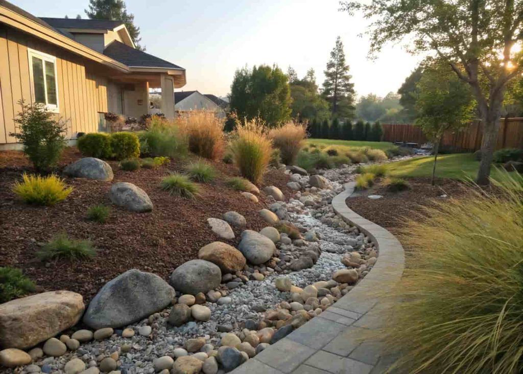 A winding dry creek bed filled with mixed-size river rocks in a residential yard, surrounded by mulch and ornamental grasses on each side, natural sunlight, wide landscape photo, realistic style